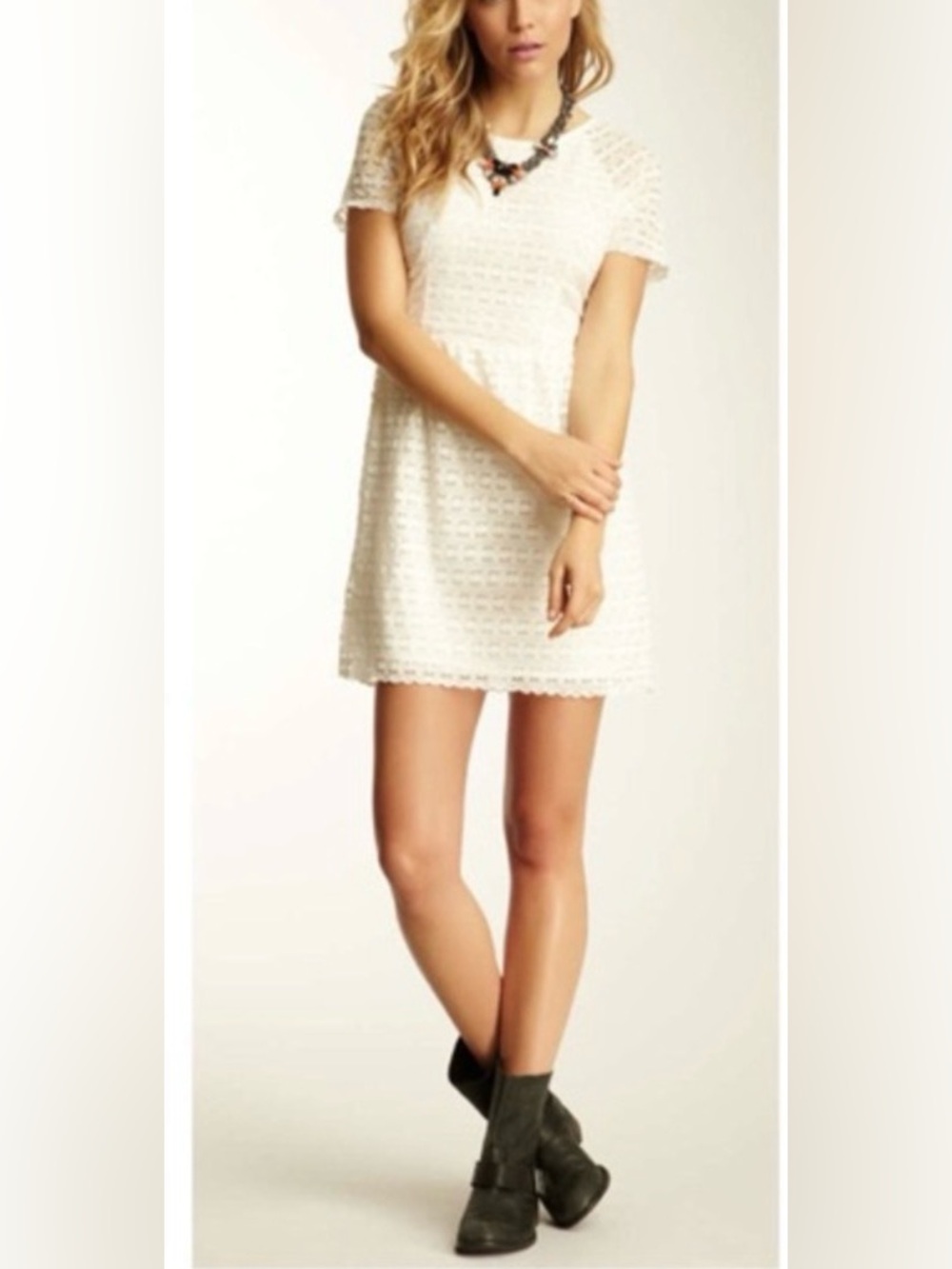 Free People - Candy Lace Ivory Lined Boho Short Sleeve Mini Dress Size 12